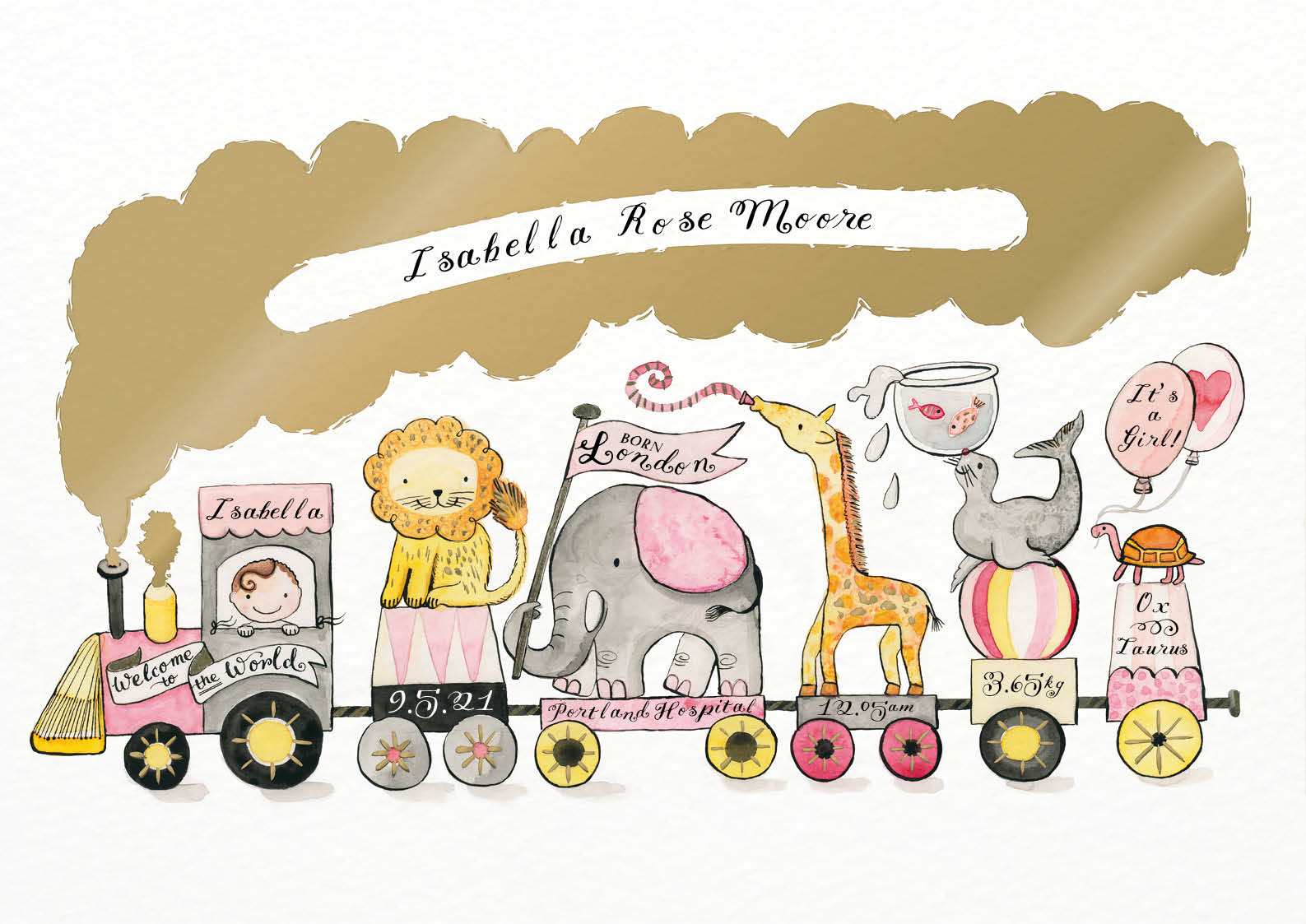 personalised new baby animal train art print