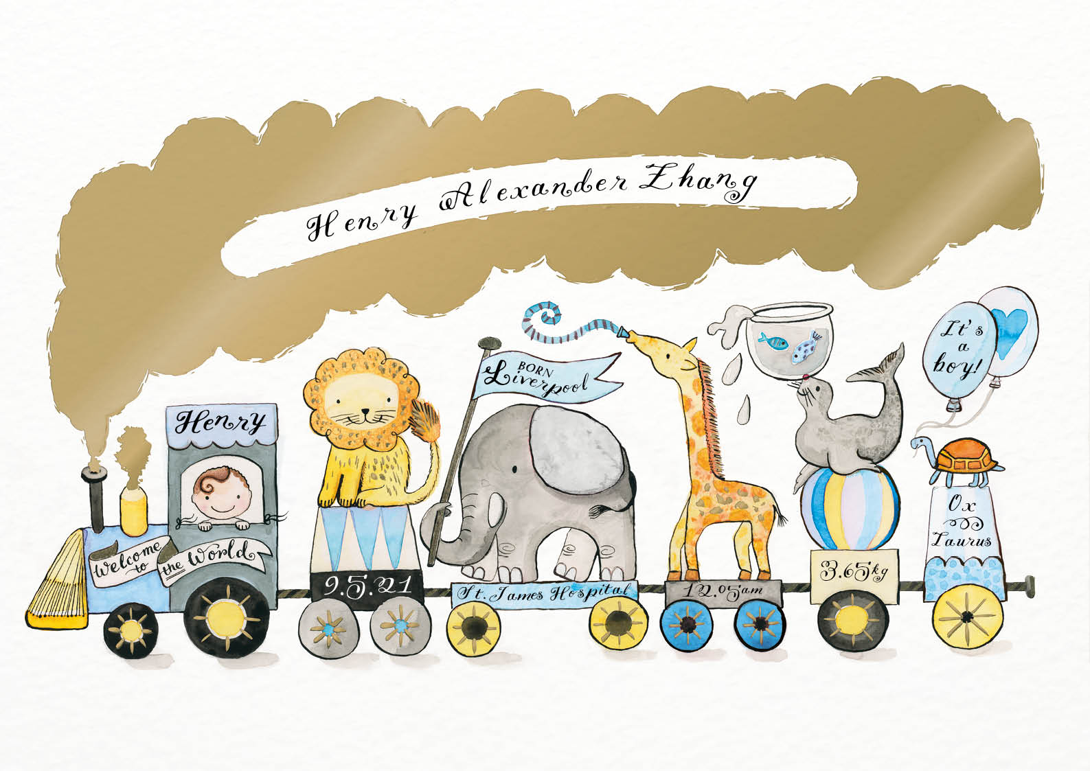 personalised new baby animal train art print