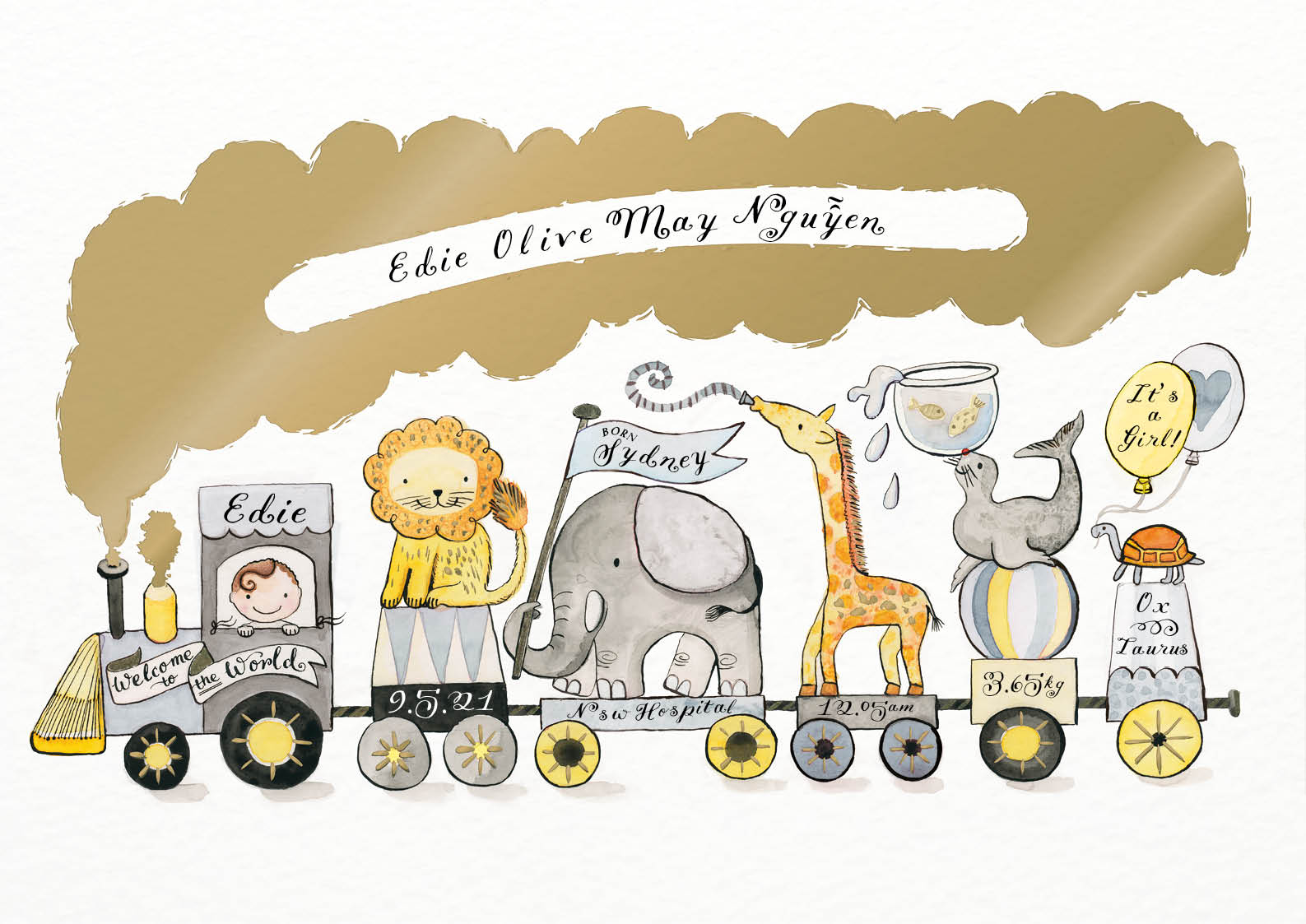 personalised new baby animal train art print