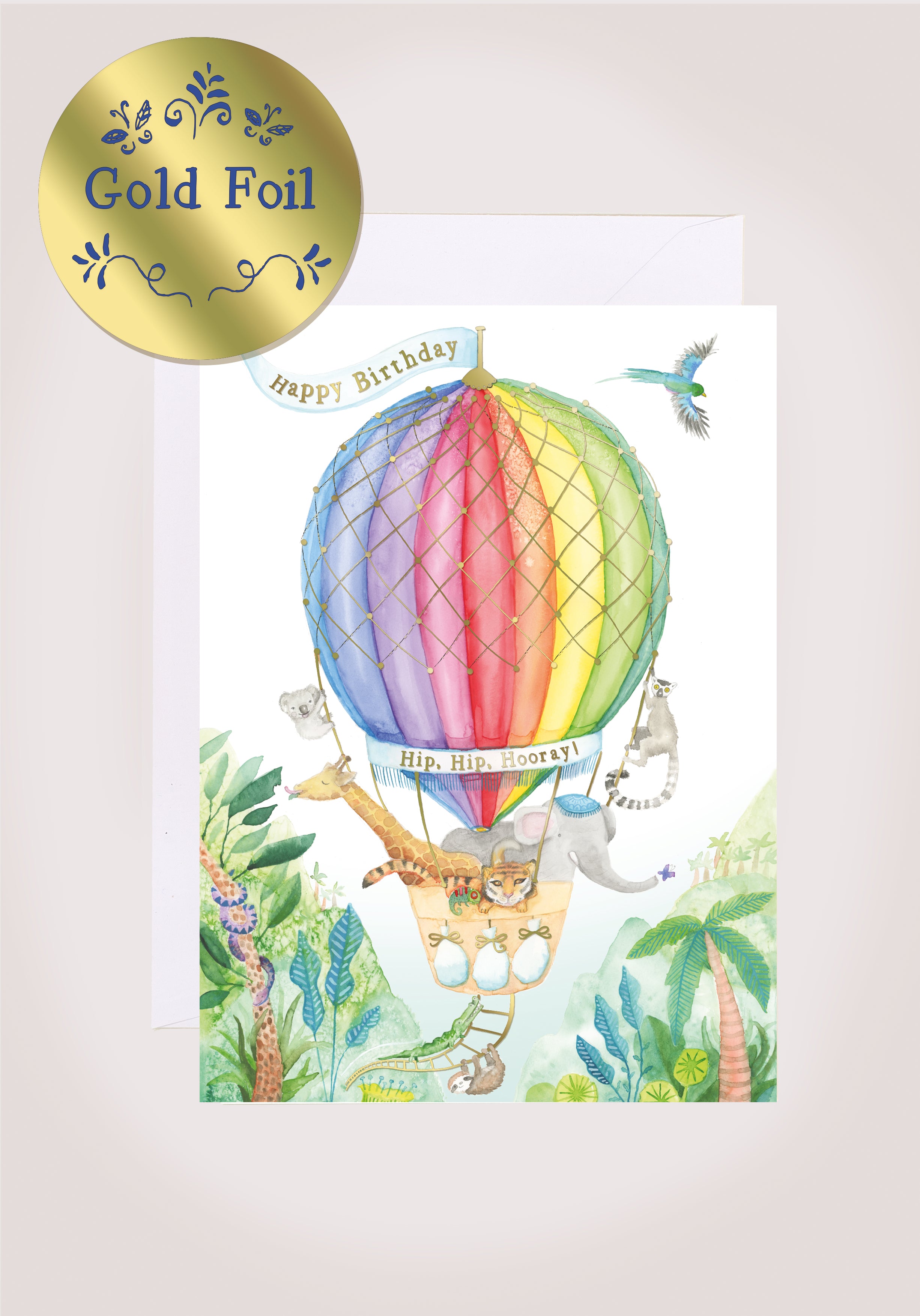 kids happy birthday card jungle animal hot air balloon with gold foil