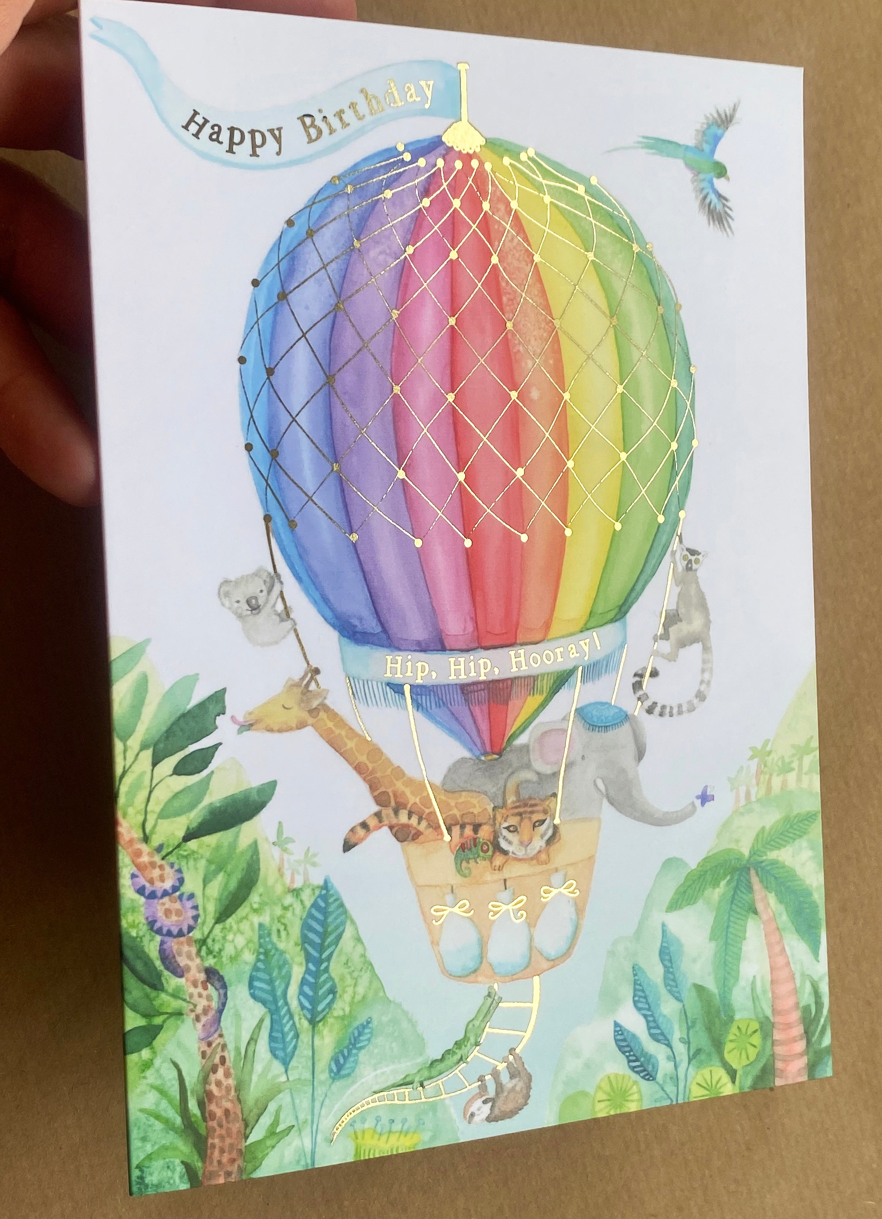 kids happy birthday card jungle animal hot air balloon
