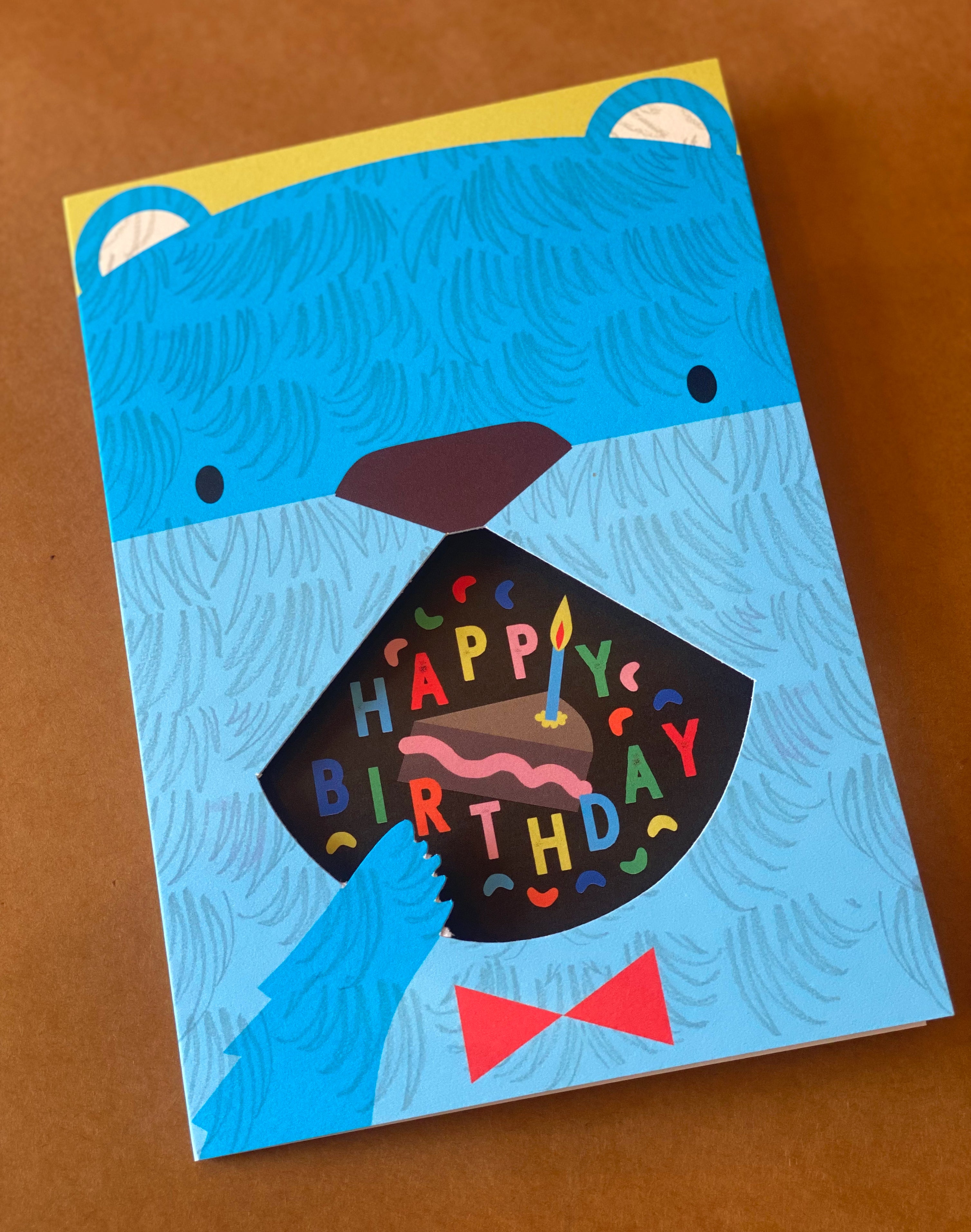 Bear Eating Cake kids Birthday Card with cut-out mouth