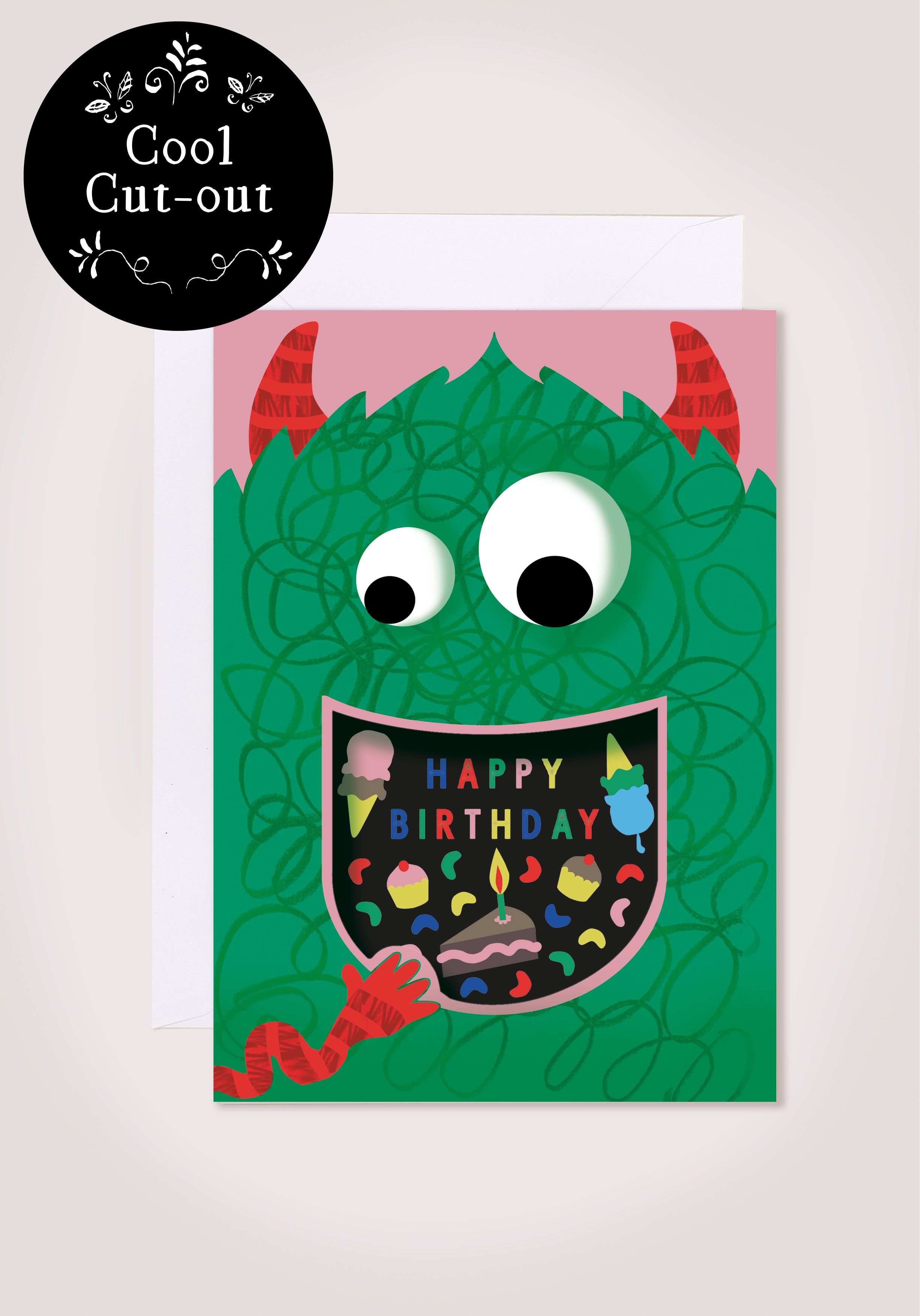 monster Eating Cake Birthday Card with cut-out mouth