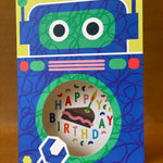 robot Eating Cake kids Birthday Card with cut-out mouth
