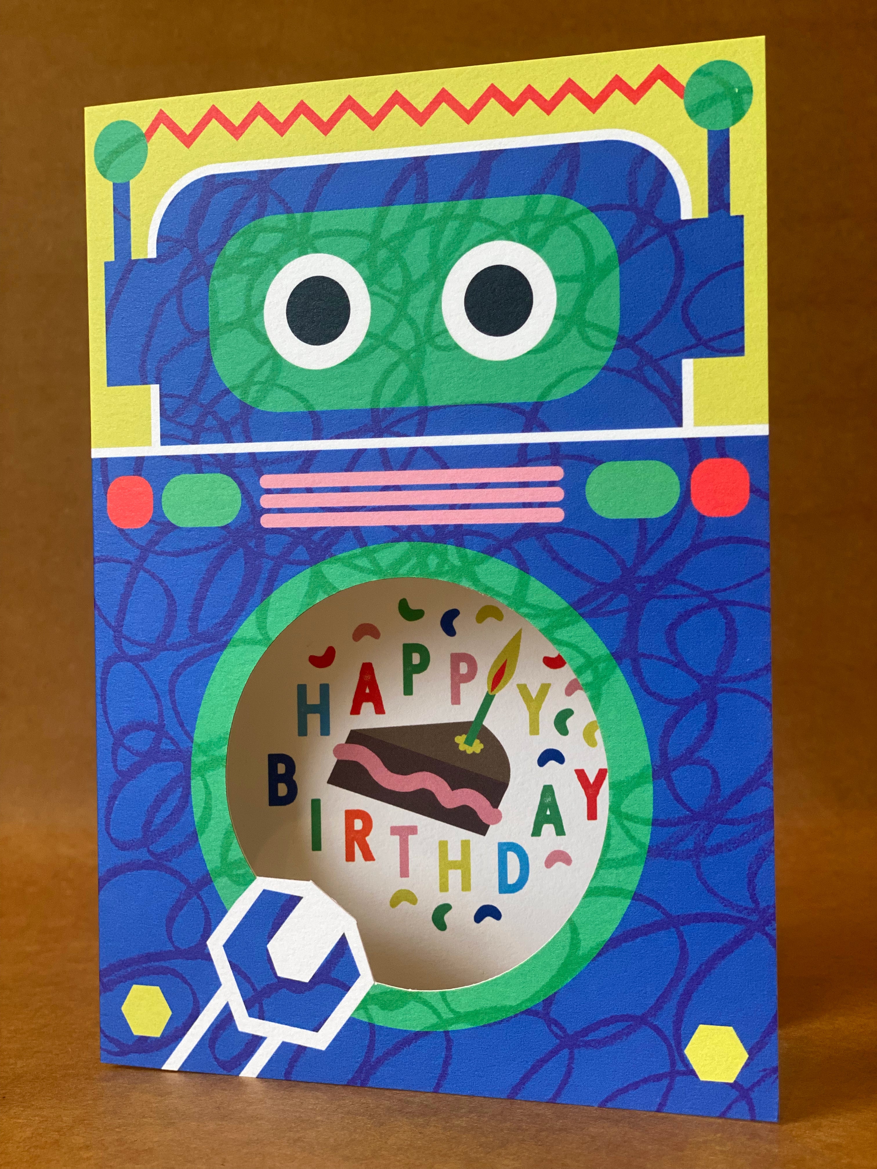 robot Eating Cake kids Birthday Card with cut-out mouth