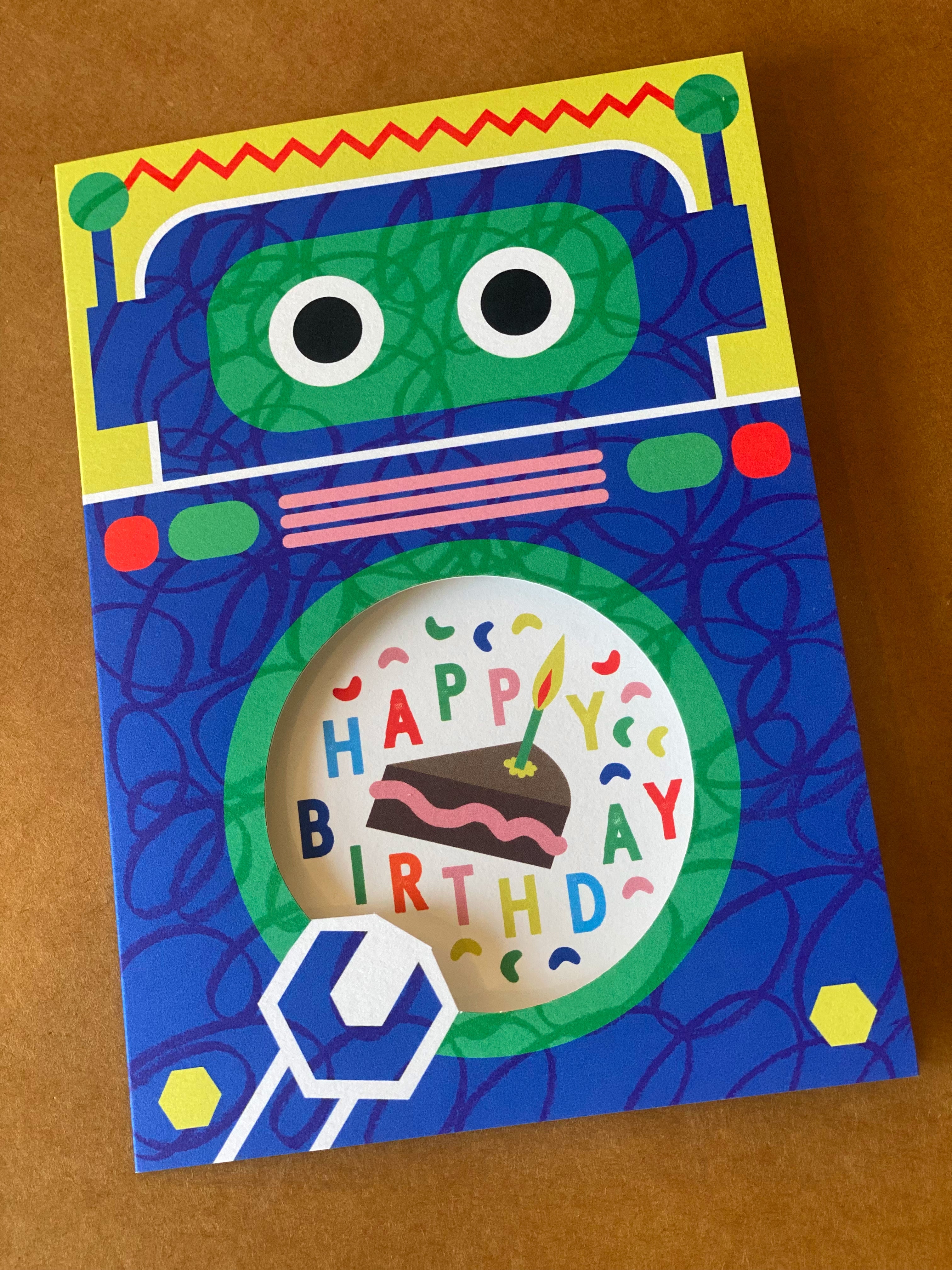 robot Eating Cake Birthday Card with cut-out mouth