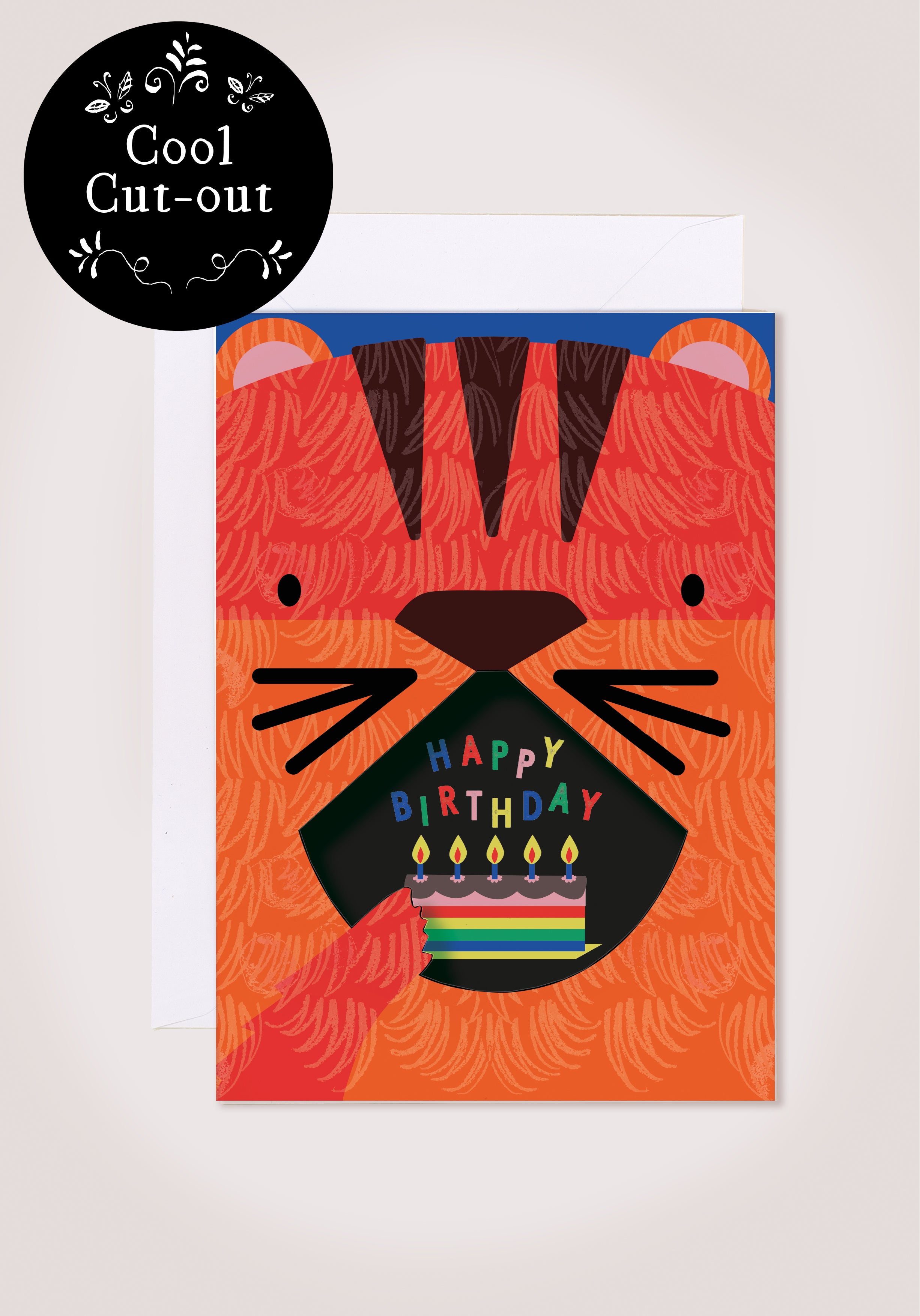 tiger Eating Cake Birthday Card with cut-out mouth