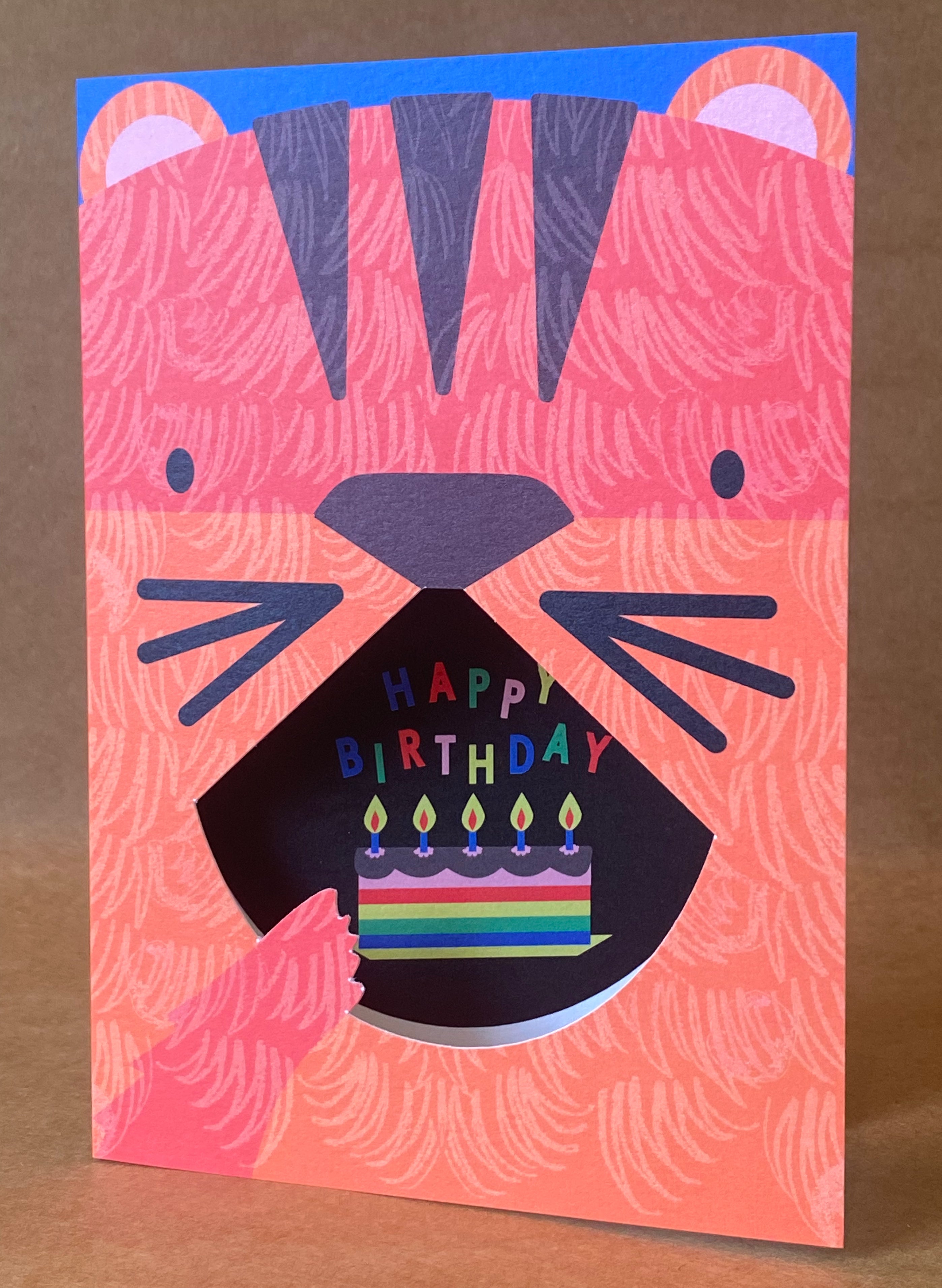 tiger Eating Cake kids Birthday Card with cut-out mouth