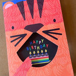 tiger Eating Cake Birthday Card with cut-out mouth