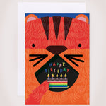 tiger Eating Cake kids Birthday Card with cut-out mouth