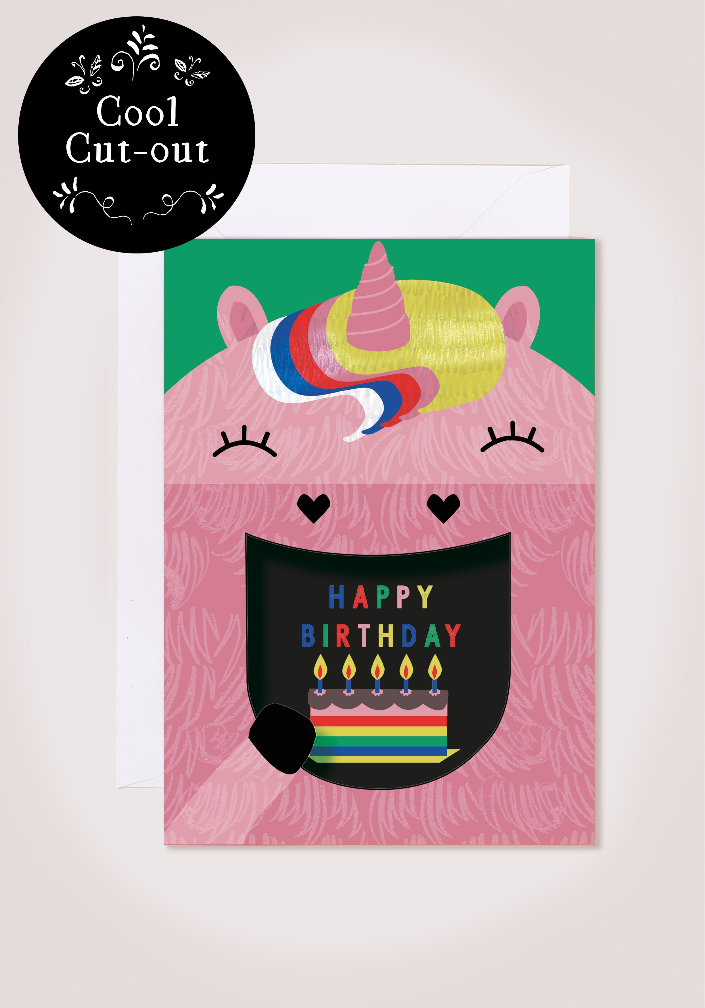 unicorn Eating Cake Birthday Card with cut-out mouth