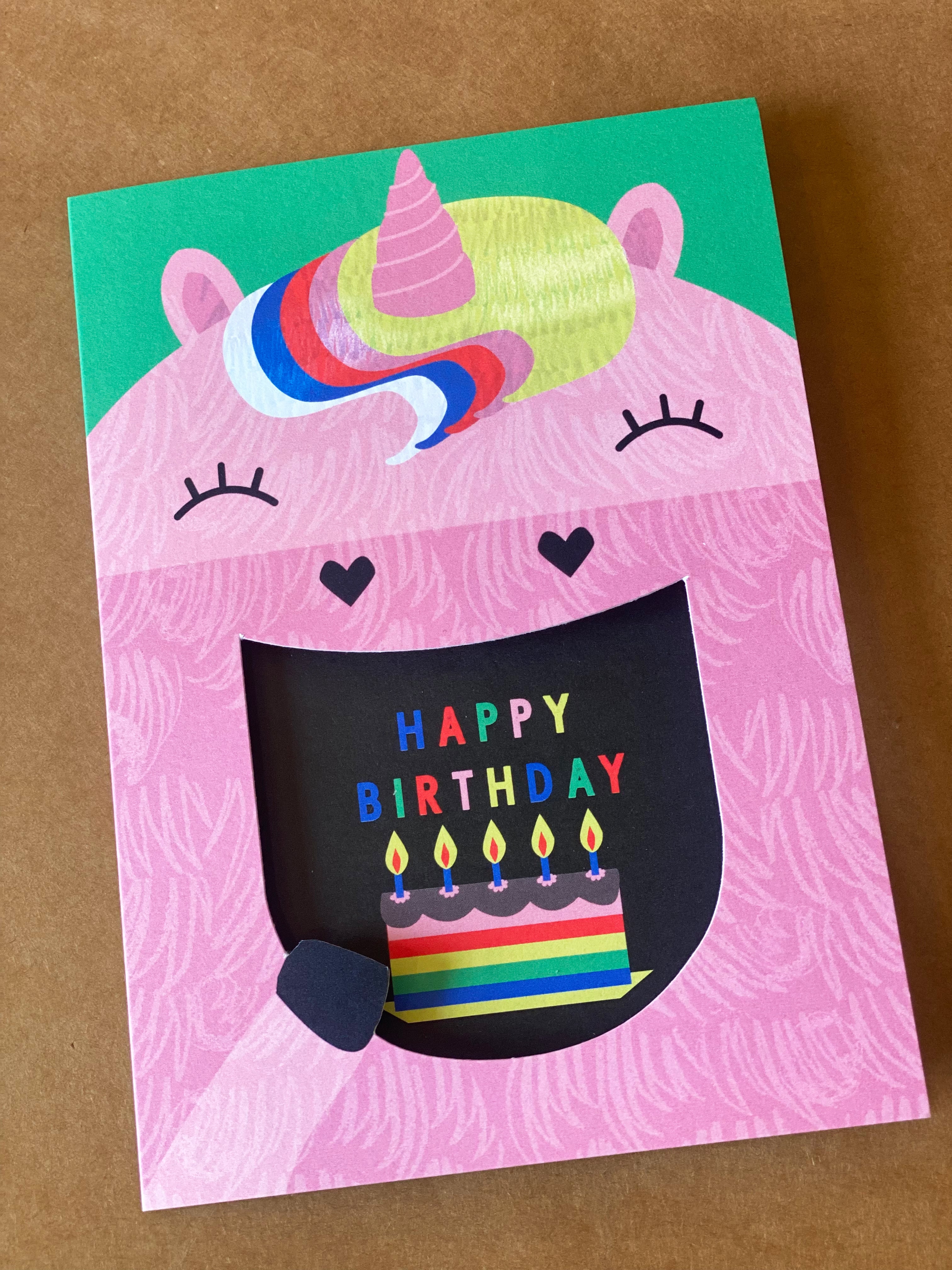 unicorn Eating Cake kids Birthday Card with cut-out mouth