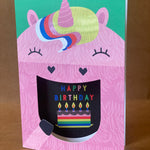 unicorn Eating Cake kids Birthday Card with cut-out mouth