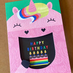 unicorn Eating Cake Birthday Card with cut-out mouth