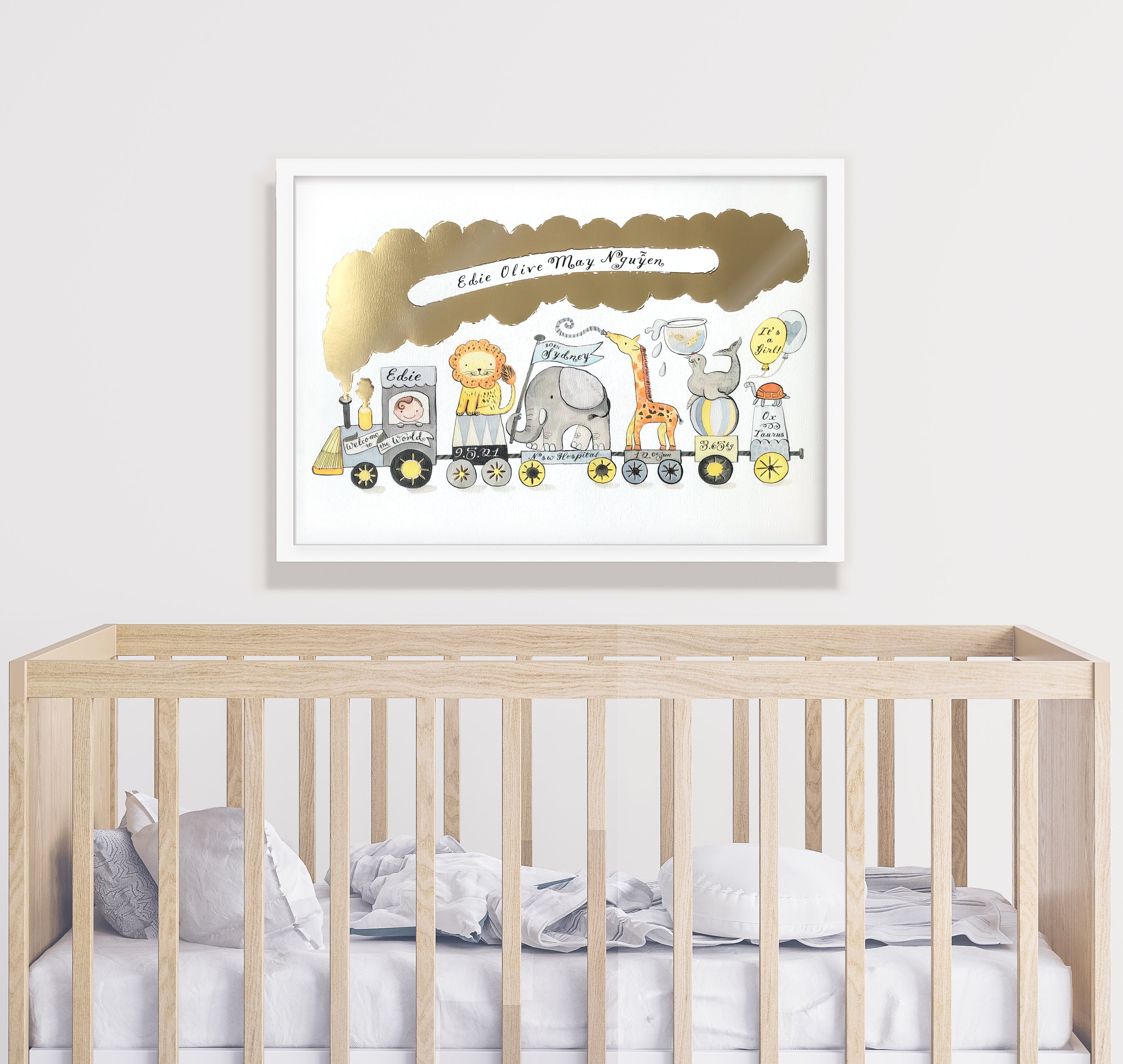 personalised new baby animal train art print