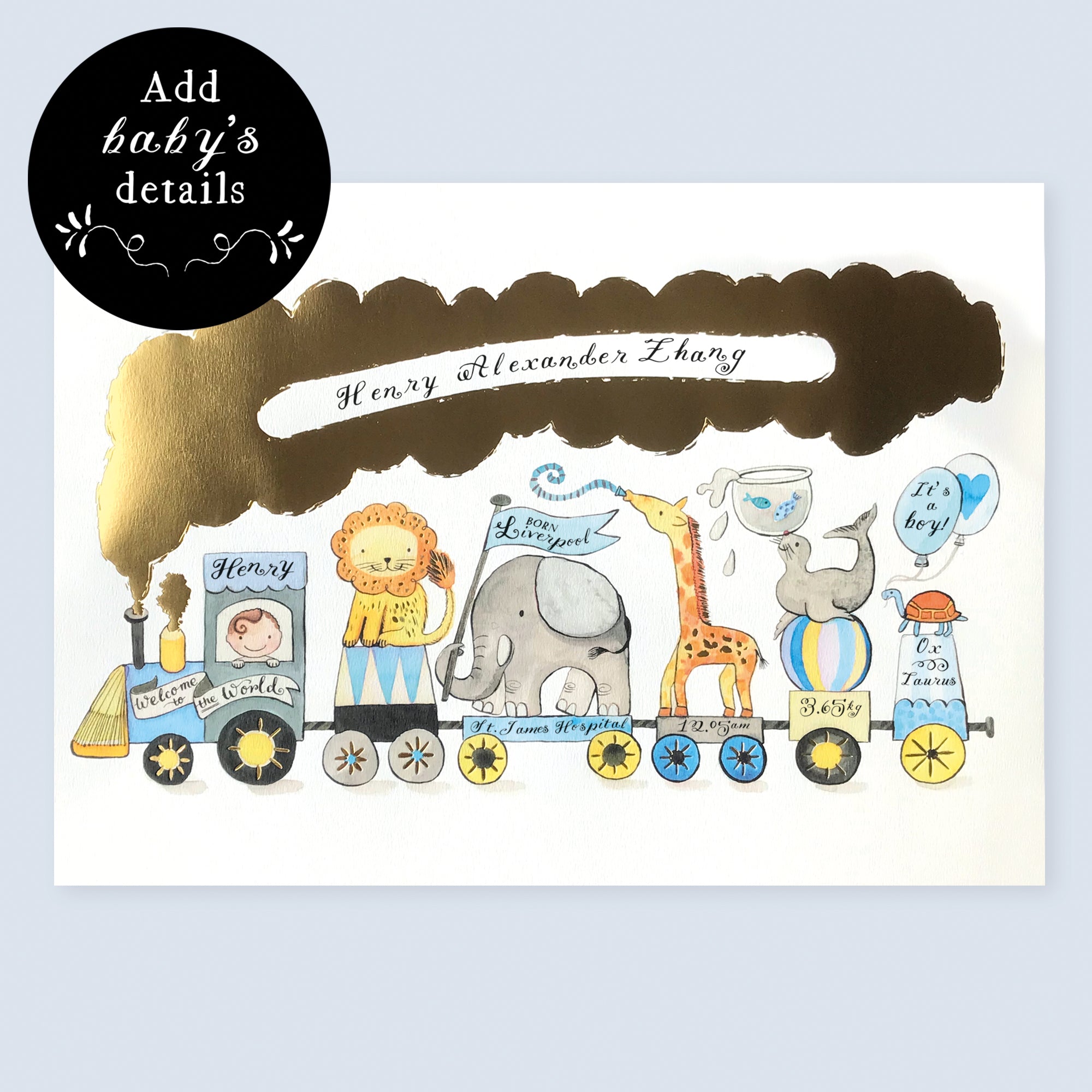 personalised new baby animal train art print