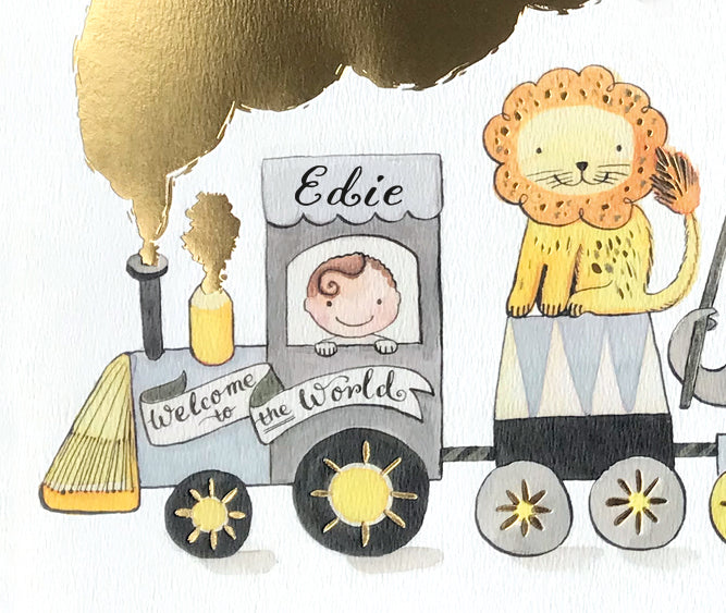 personalised new baby animal train art print