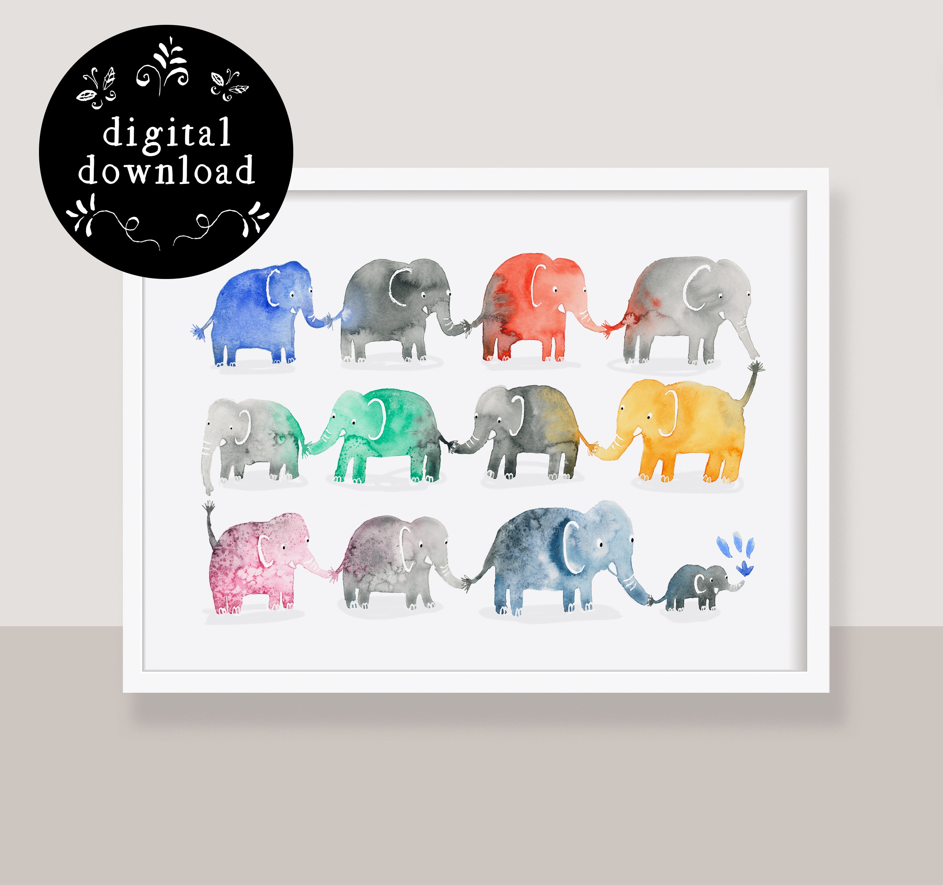 kids wall art colourful elephants digital download