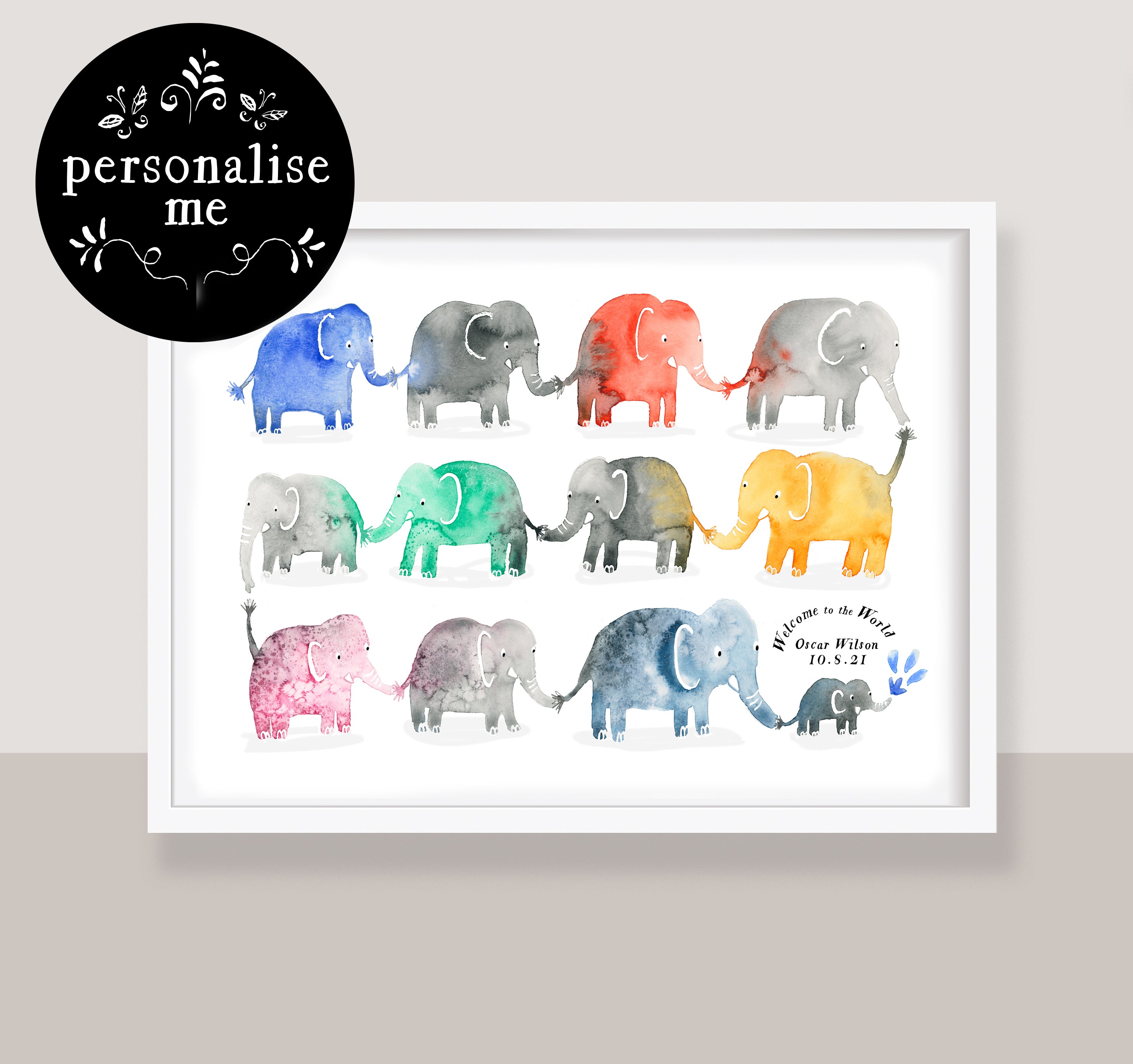 kids wall art colourful elephants 