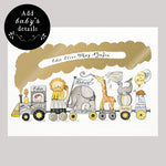 personalised new baby animal train art print