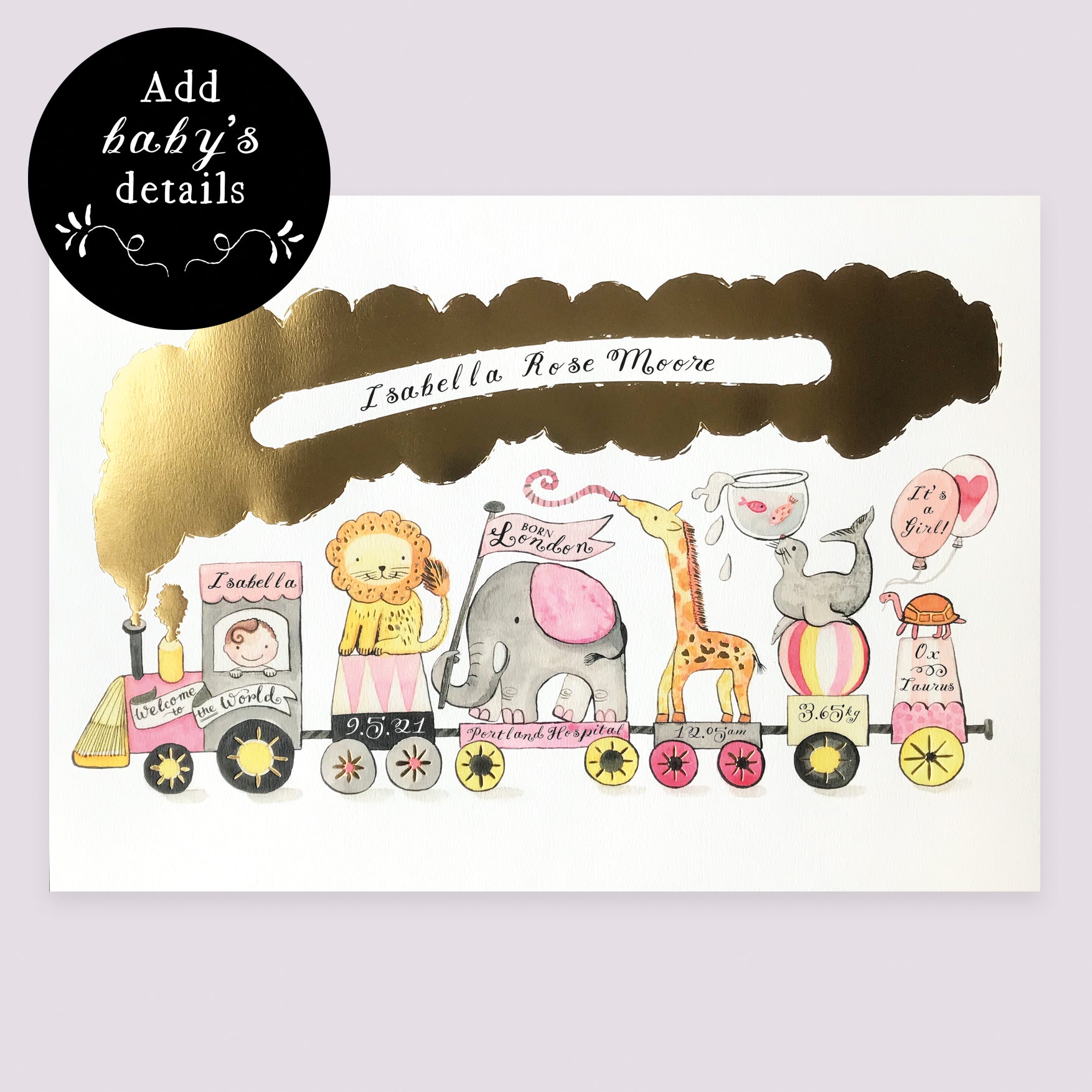 personalised new baby animal train art print