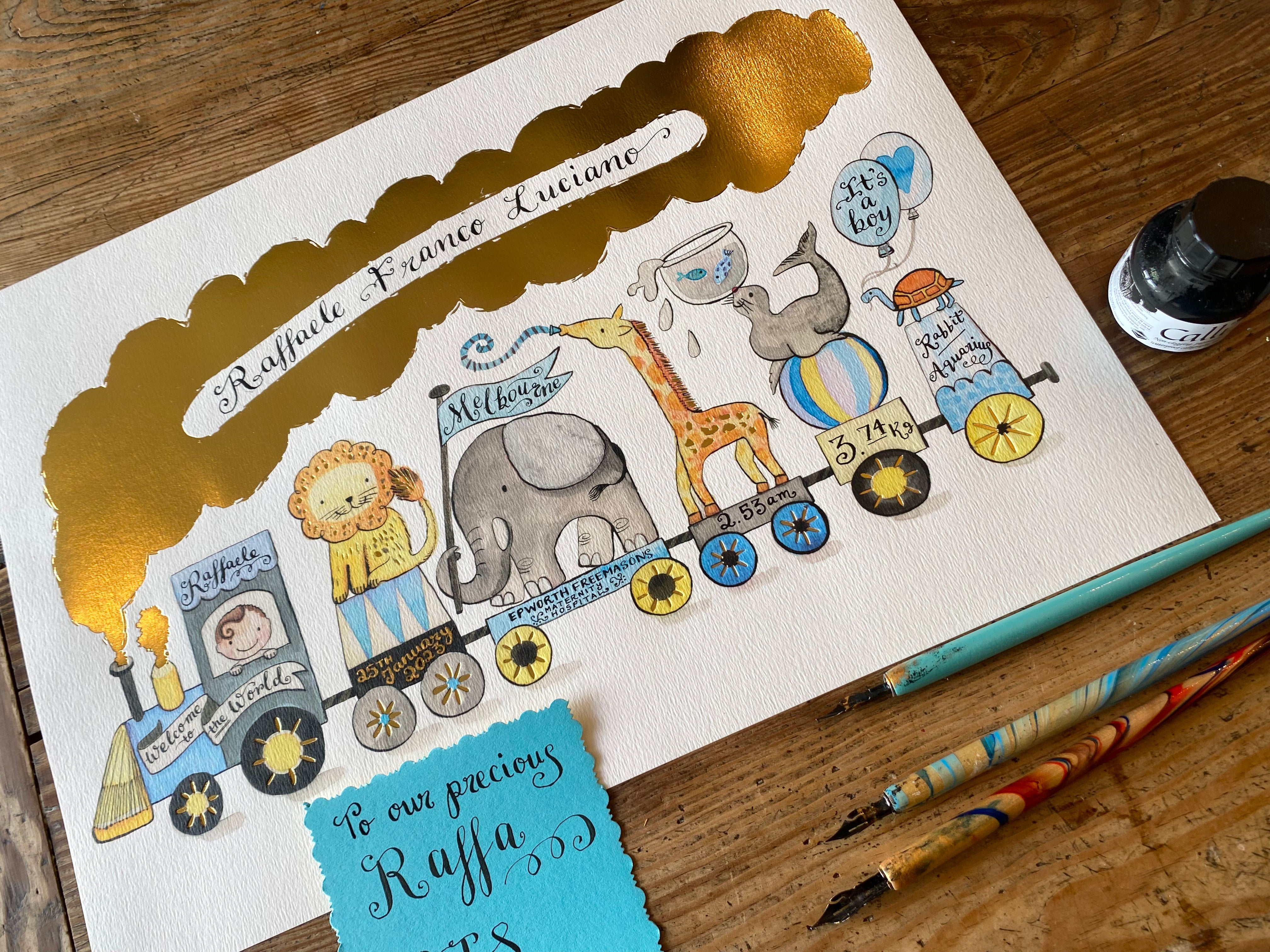 Personalised animal train art print with name for children
