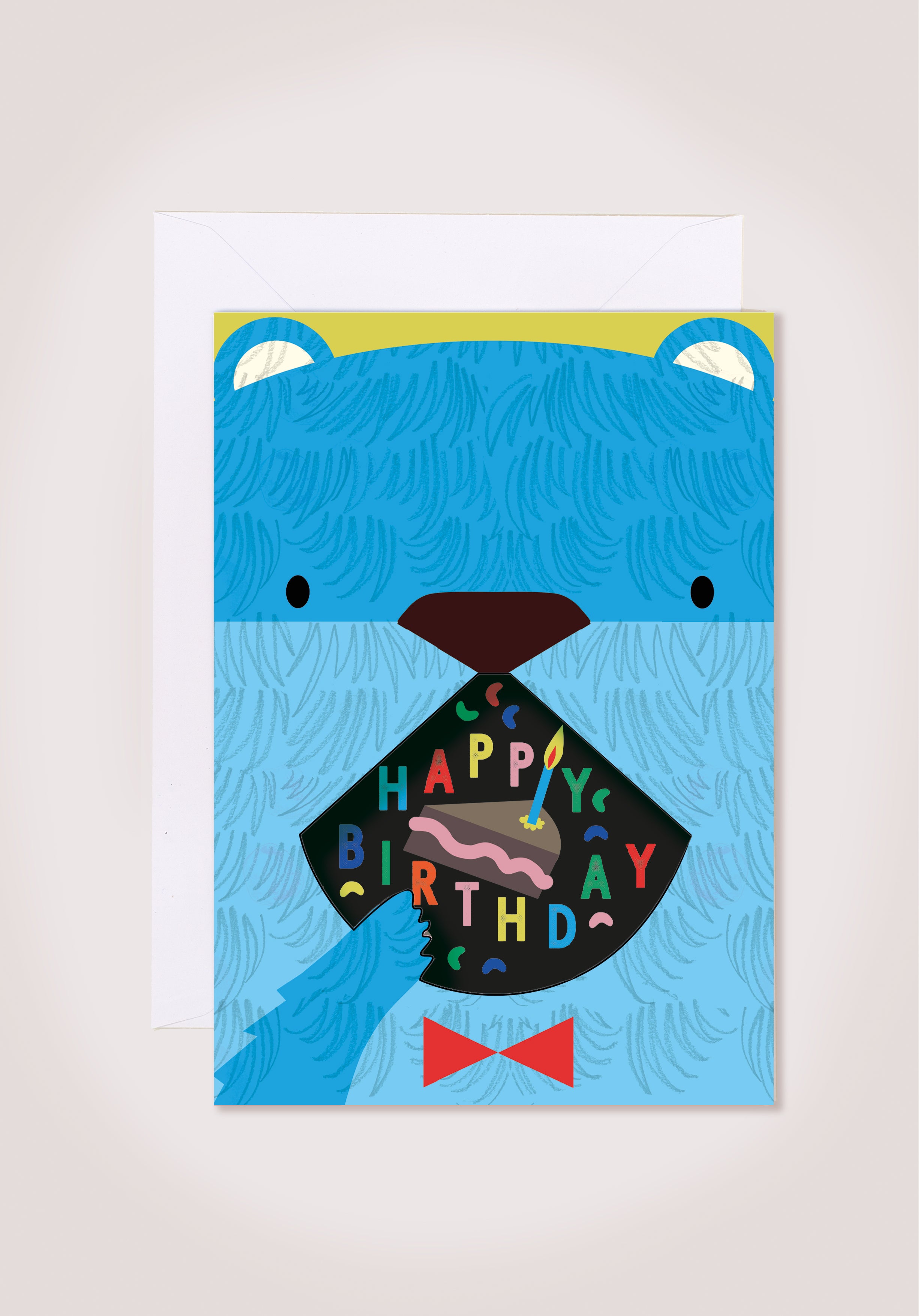 Bear Eating Cake Birthday Card with cut-out mouth