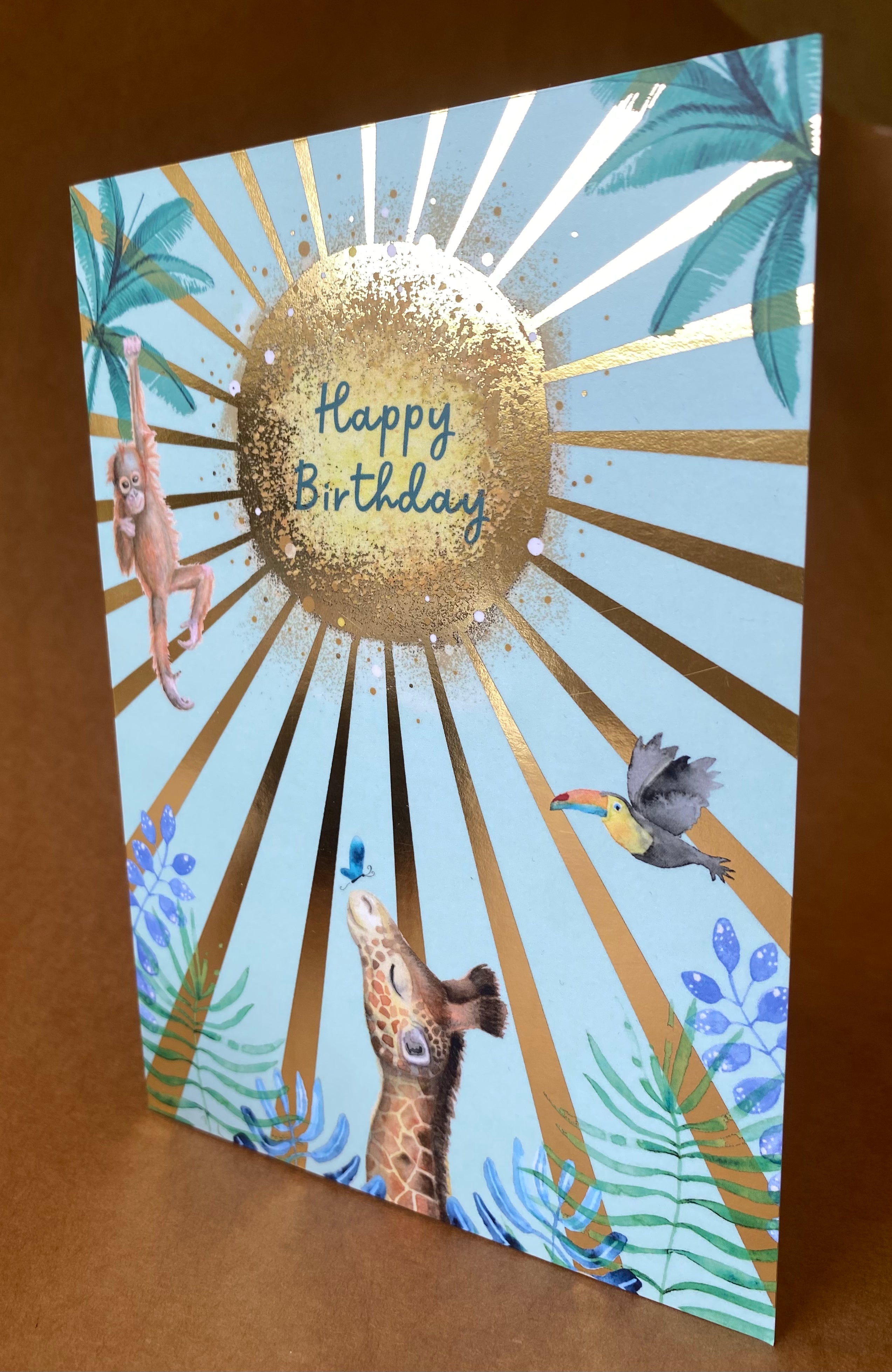 sparkly sunburst jungle animals happy birthday card