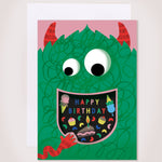 monster Eating Cake kids Birthday Card with cut-out mouth