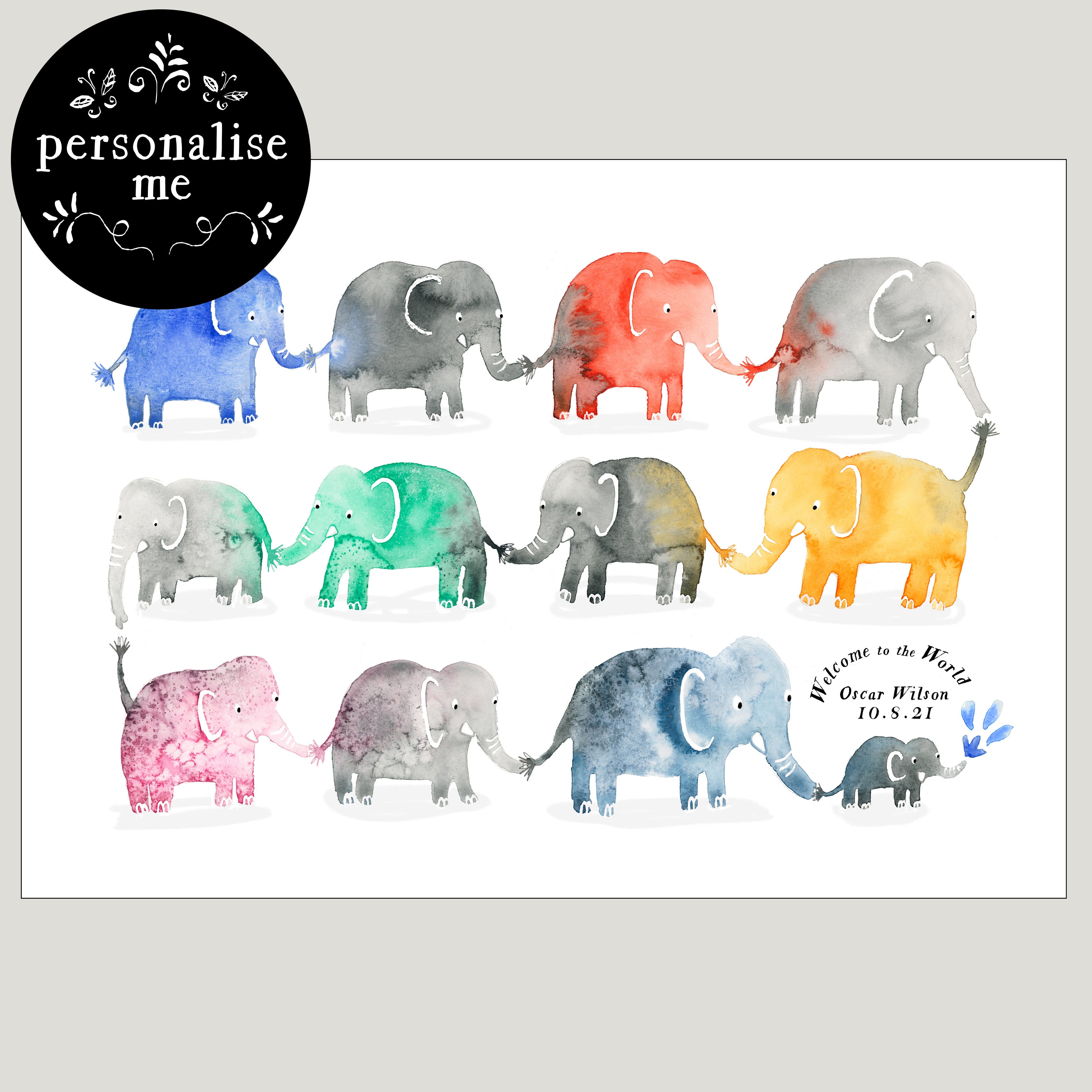 Elephant Nursery Wall Print, Safari Nursery Decor, New Baby Gift, Personalised, Framed
