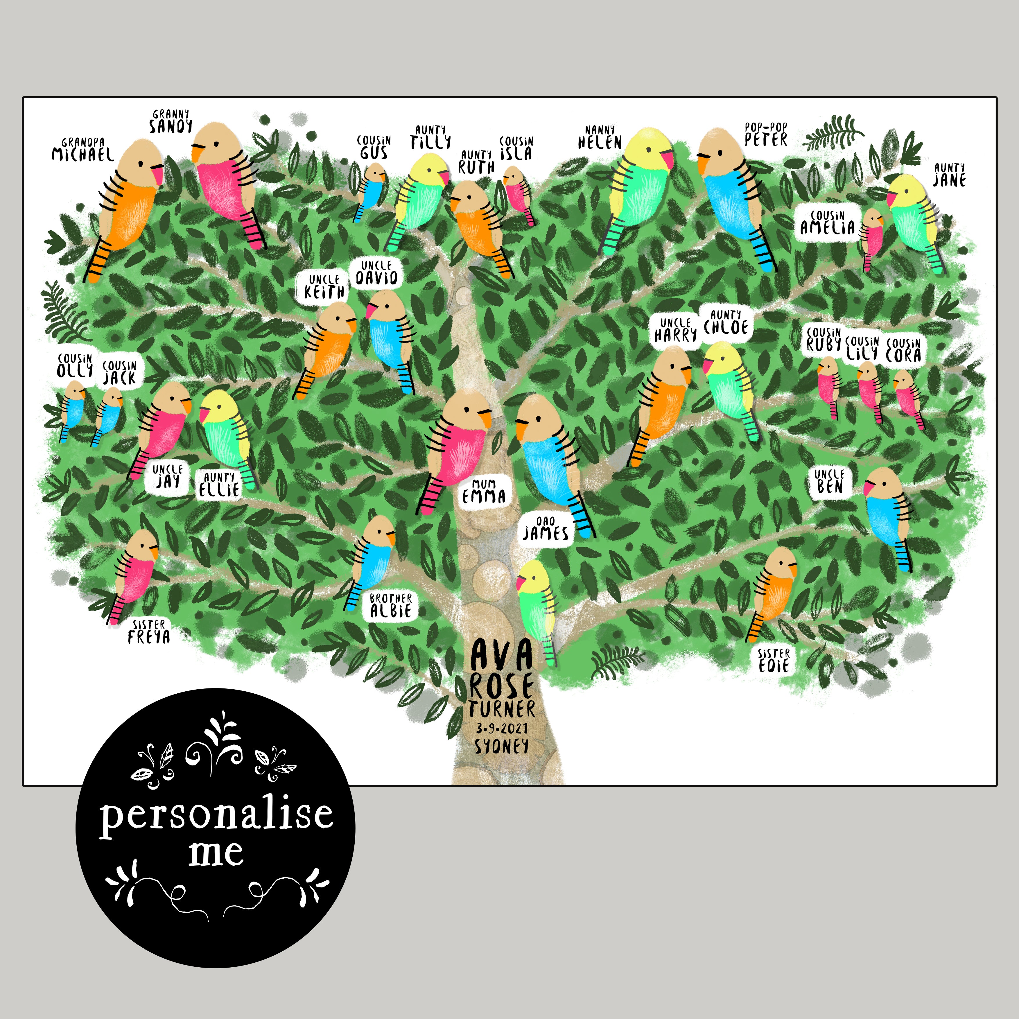 Family Tree Nursery Print, New Baby Gift Personalised, Framed